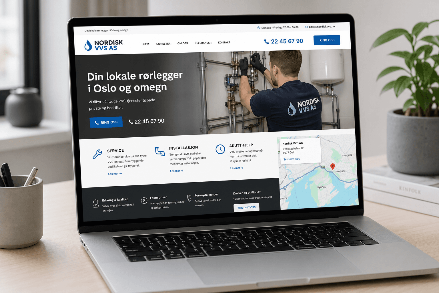 Bærbar PC som viser nettside for lokal håndverkerbedrift